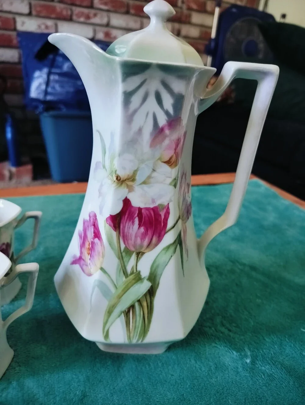 Antique German Porcelain Chocolate Pot Set 6 Cups Tulips Art Nouveau C. 1890s
